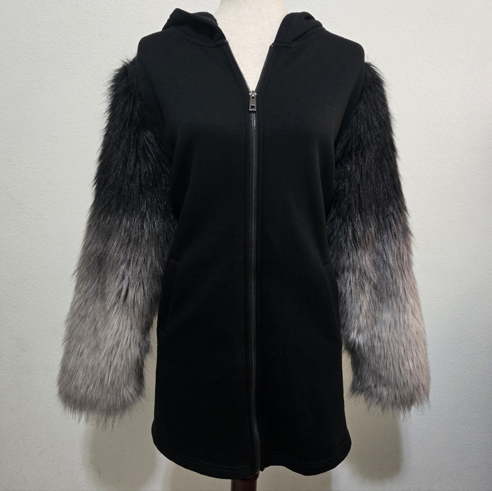 ZARA Black Zippered Hoodie Sweater Black Gray Ombre Faux Fur Sleeves Medium - Picture 5 of 15